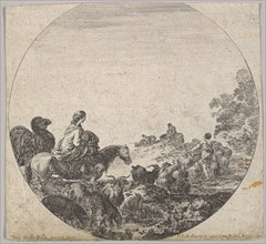 Plate 5: a woman carrying a child on a horse to left, a camel following her, a herd..., ca. 1643-48. Creator: Stefano della Bella.