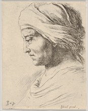 Plate 16: head of an old man in profile with a cloth tied around his head, from 'The B..., ca. 1649. Creator: Stefano della Bella.