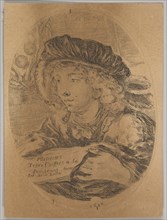 A bust of a young man wearing a cap with feathers, turned three-quarters to the left, the ..., 1650. Creator: Stefano della Bella.
