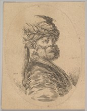 A Turkish man with a beard and turban with one long feather in front, turned three-quarter..., 1650. Creator: Stefano della Bella.