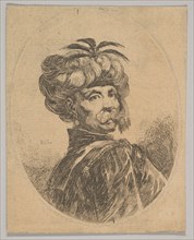A Turkish man with a moustache, wearing a turban decorated with five egret feathers, turne..., 1650. Creator: Stefano della Bella.