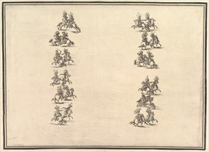 Twenty-four riders dueling and forming two columns, from 'La Gara delle Stagioni', 1652. Creator: Stefano della Bella.
