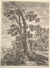 A fisherman at center facing left and leaning against a large tree, a woman walking..., ca. 1652-57. Creator: Stefano della Bella.