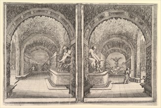 Two views of a grotto, both views with a fountain with a seated statue, seen from the ..., ca. 1653. Creator: Stefano della Bella.