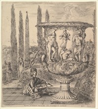 The Medici vase, a large vase to right decorated with a representation of the sacrifice of..., 1656. Creator: Stefano della Bella.