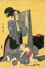 Hari-shigoto (Needlework). Triptych, left part, 1795. Creator: Utamaro, Kitagawa (1753-1806).