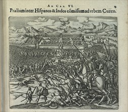 Battle between the Spaniards and the Indians at the gates of Cuzco, 1596. Creator: Bry, Theodor de