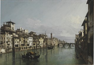 The Arno between the Ponte Vecchio and Ponte Santa Trinità, Florence, 1740. Creator: Bellotto, Bernardo