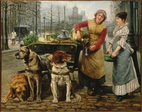 The Milkmaid with dog cart on the De Keyserlei in Antwerp , c. 1890. Creator: Houben, Henri (1858-1931).