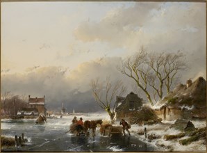 Winter landscape with a frozen river, 1847. Creator: Schelfhout, Andreas