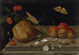 Still life with fruit, a grasshopper and a butterfly, Between 1670 and 1680. Creator: Merian, Maria Sibylla (1647-1717).
