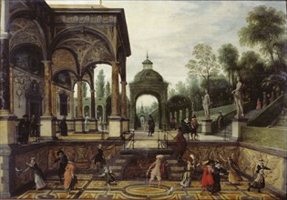 Italian garden with gallery and figures, First third of 17th cen.. Creator: Vrancx, Sebastiaen (1574-1647).