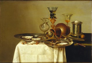 Still life with a roemer on a gilt stand, stoneware and oysters, 1637. Creator: Heda, Willem Claesz