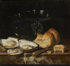 Still life with oysters, bread and Venetian wine glass, 1661. Creator: Fromantiou, Henri de