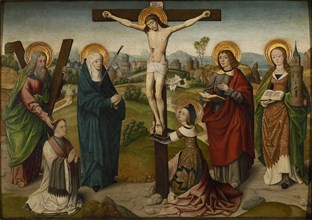 The Crucifixion with Saints and Donators, c.1490-1495. Creator: Master of the Aachen Cabinet Doors