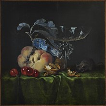Still life with peaches, walnuts, mouse and Venetian wine glass, 1661. Creator: Fromantiou, Henri de