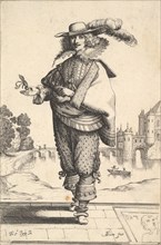 A gentleman standing in front of a large castle and wearing a plumed hat and a lace collar..., 1629. Creator: Abraham Bosse.