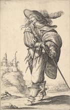 A gentleman, walking towards the left and drawing his sword from the sheath, wearing a plu..., 1629. Creator: Abraham Bosse.
