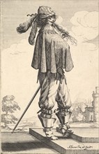 A gentleman wearing a short coat, a helmet, and boots with spurs, standing on the steps an..., 1629. Creator: Abraham Bosse.