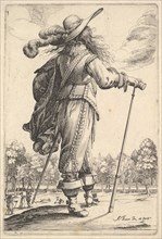 A gentleman, seen from behind, walking towards the right with a cane and wearing a plumed ..., 1629. Creator: Abraham Bosse.