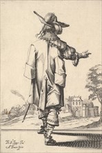 A gentleman, seen from behind, with his right arm outstretched and a cloak over his left s..., 1629. Creator: Abraham Bosse.