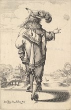 A gentleman wearing a plumed hat and carrying a sword, seen from behind, his right arm out..., 1629. Creator: Abraham Bosse.