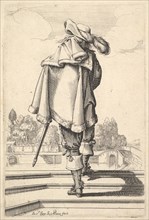 A gentleman, seen from behind, walking up a parapet, with a cloak over his left shoulder..., 1629. Creator: Abraham Bosse.