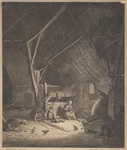 Interior of a Barn with Mother and Two Children, Right in Front a Pig