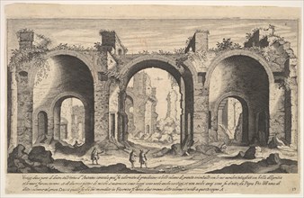 Plate 19: view of the Baths of Caracalla, indicating with inscribed letter 'A' the places ..., 1606. Creator: Aegidius Sadeler II.