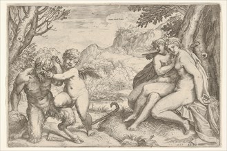 Love Conquers All (Omnia vincit Amor), in a struggle with a satyr Amor places his right kn..., 1599. Creator: Agostino Carracci.