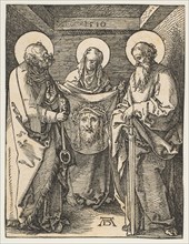 Saint Veronica between Saints Peter and Paul, from The Small Passion, 1510. Creator: Albrecht Durer.