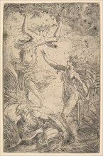 Apollo at right holding a bow chasing Daphne at the left, ca. 1538-40. Creator: Andrea Schiavone.