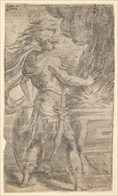 Mutius Scaevola placing his hand in the flames (left half of a composition, whose righ..., ca. 1540. Creator: Andrea Schiavone.