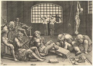 The Prison; a group of men in a dungeon bound in chains and shackles; to the right a figur....n.d. Creator: Unknown.