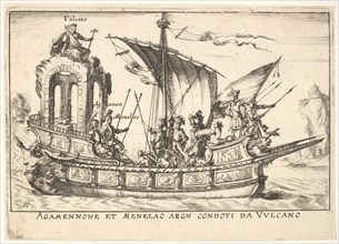 Plate 10: Agamemnon and Menelaus seated in a boat accompanied by other figures including V..., 1664. Creator: Unknown.