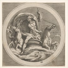 Neptune rising from the sea and bearing a staff, accompanied by two horse-headed ..., ca. 1550-1600. Creator: Unknown.