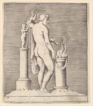 Man with Torch between Flaming Altar and Statuette, published ca. 1599-1622. Creator: Unknown.