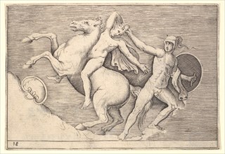 Warrior Pulling a Rider from His Horse, from "Ex Antiquis Camorum et Ge..., published ca. 1599-1622. Creator: Unknown.