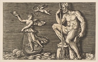 Galatea escaping Polyphemus; he is seated on a rock holding a staff and pipes and..., ca. 1515-1600. Creator: Unknown.