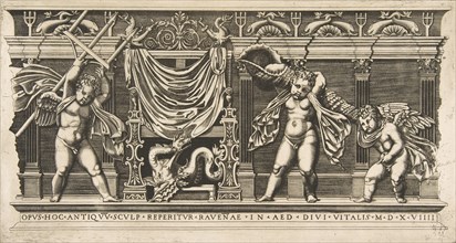Three cupids in front of a facade with pilasters, one holding a trident and anoth..., ca. 1515-1600. Creator: Unknown.