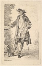 Standing man with his right hand resting on a basin, shown in three-quarters view with..., ca. 1710. Creator: Jean-Antoine Watteau.