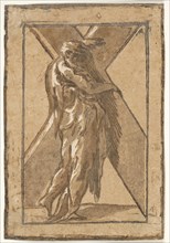Saint Andrew standing in profile holding a large cross from a series of 'Twelve Apo..., ca. 1540-50. Creator: Unknown.