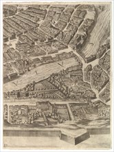 Plan of the City of Rome. Part 10 with the Tiber and the Villa Farnesina, 1645. Creator: Antonio Tempesta.
