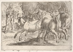 Hercules and the Oxen of Geryones: with a club raised by his right hand, Hercules confront..., 1608. Creator: Antonio Tempesta.