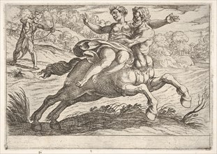 Nessus attempting to take Dejanira from Hercules: Nessus restrains Dejanira on his back wh..., 1608. Creator: Antonio Tempesta.