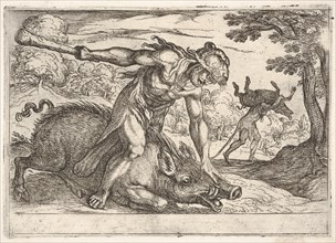 Hercules and the Boar of Erymanthus: Hercules holds down the boar's snout with his left ha..., 1608. Creator: Antonio Tempesta.
