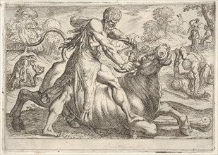 Hercules and Achelous: at center Hercules grasps the horns of a bull while pressing his ri..., 1608. Creator: Antonio Tempesta.