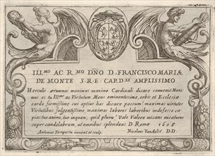 Title plate for the series 'The Labors of Hercules' with the arms of Cardinal Francesco Ma..., 1608. Creator: Antonio Tempesta.