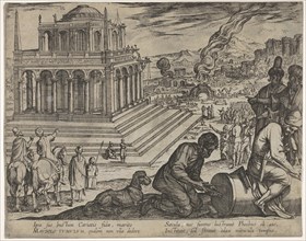 Plate 5: Tomb of Mausolus, stone masons make a column at the right, from The Seven Wonders..., 1608. Creator: Antonio Tempesta.