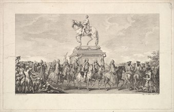 The Inauguration of the Statue of Louis XV, Vignette on page 1, from Description des Trava..., 1766. Creator: Augustin de Saint-Aubin.